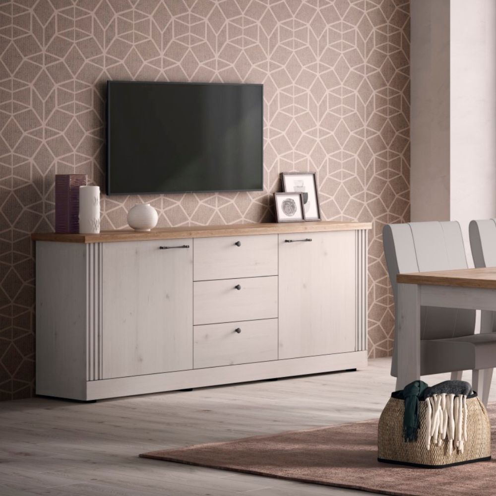 Buffet 2 portes et 3 tiroirs coloris blanc meringue et chêne Cadix 211x44x88H Winchester