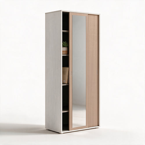 Zweitüriger Schiebetürenschrank mit Spiegel und Einlegeböden, Esche weiß und Ulme, 90x212H cm