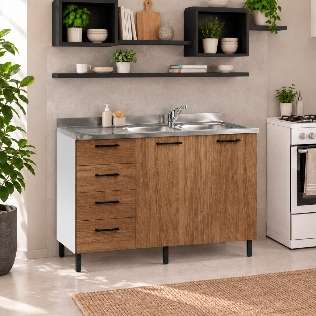 Mobile sottolavello con cassetti e lavello colore noce naturale 120 cm sinistro