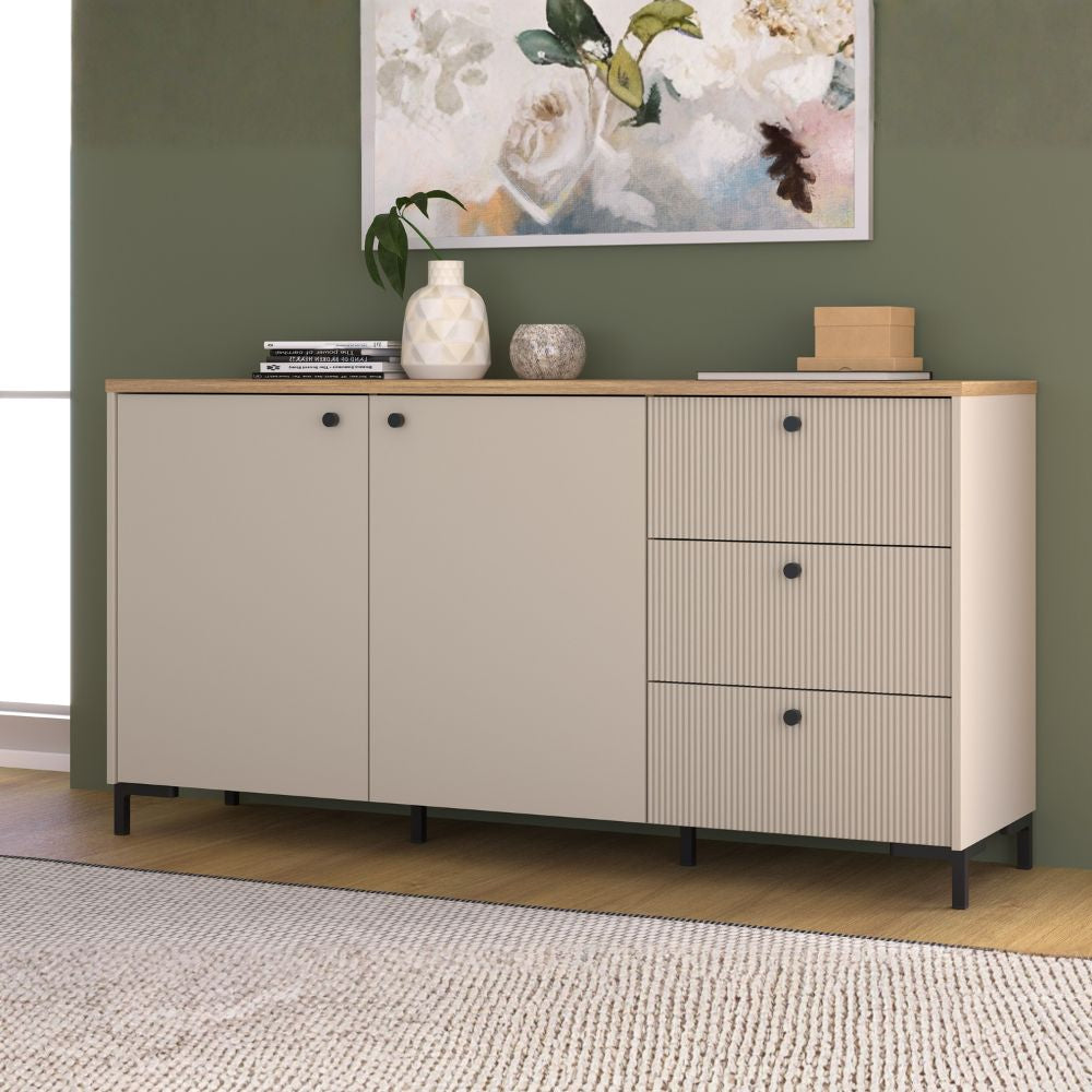Madia 2 ante, 3 cassetti cannettati e top rovere Unit