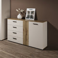 Credenza 4 cassetti e 2 ante cashmere e rovere con listelli verticali 139x38x86H Frezo02