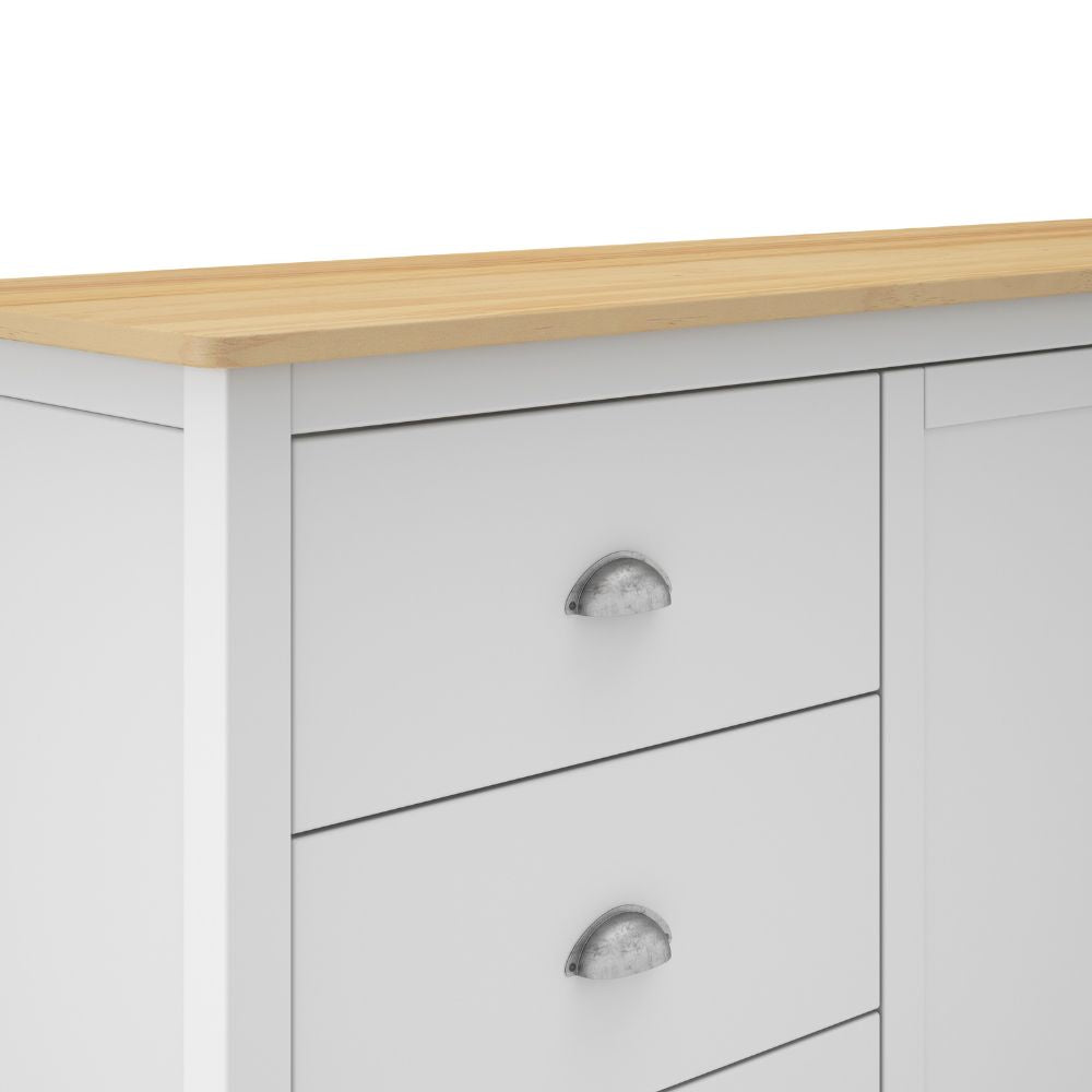 Buffet 2 portes et 3 tiroirs en bois massif coloris blanc et chêne Misti 150x40x80H