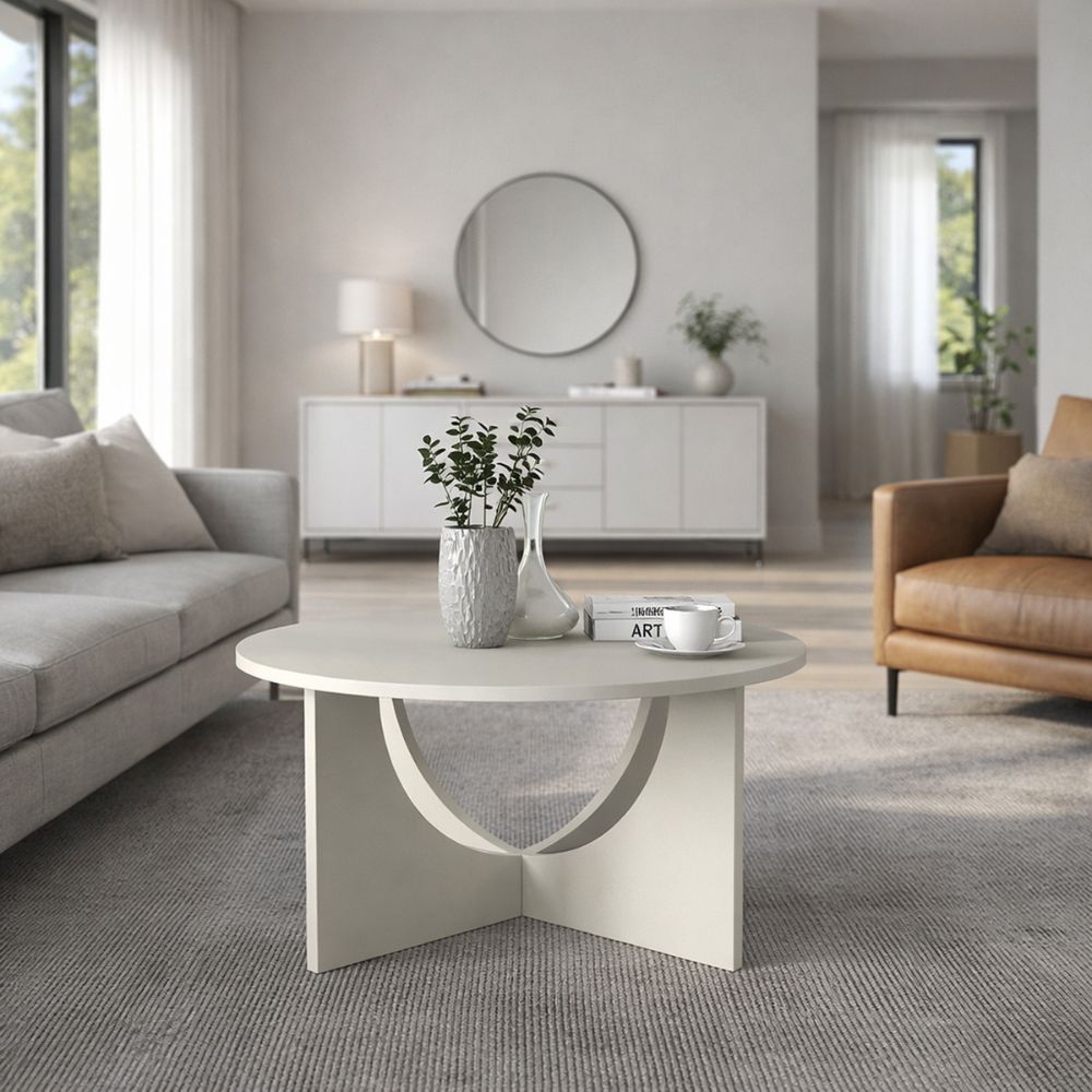 Tavolino da salotto rotondo cashmere con base a croce e intagli ad arco Lemmar