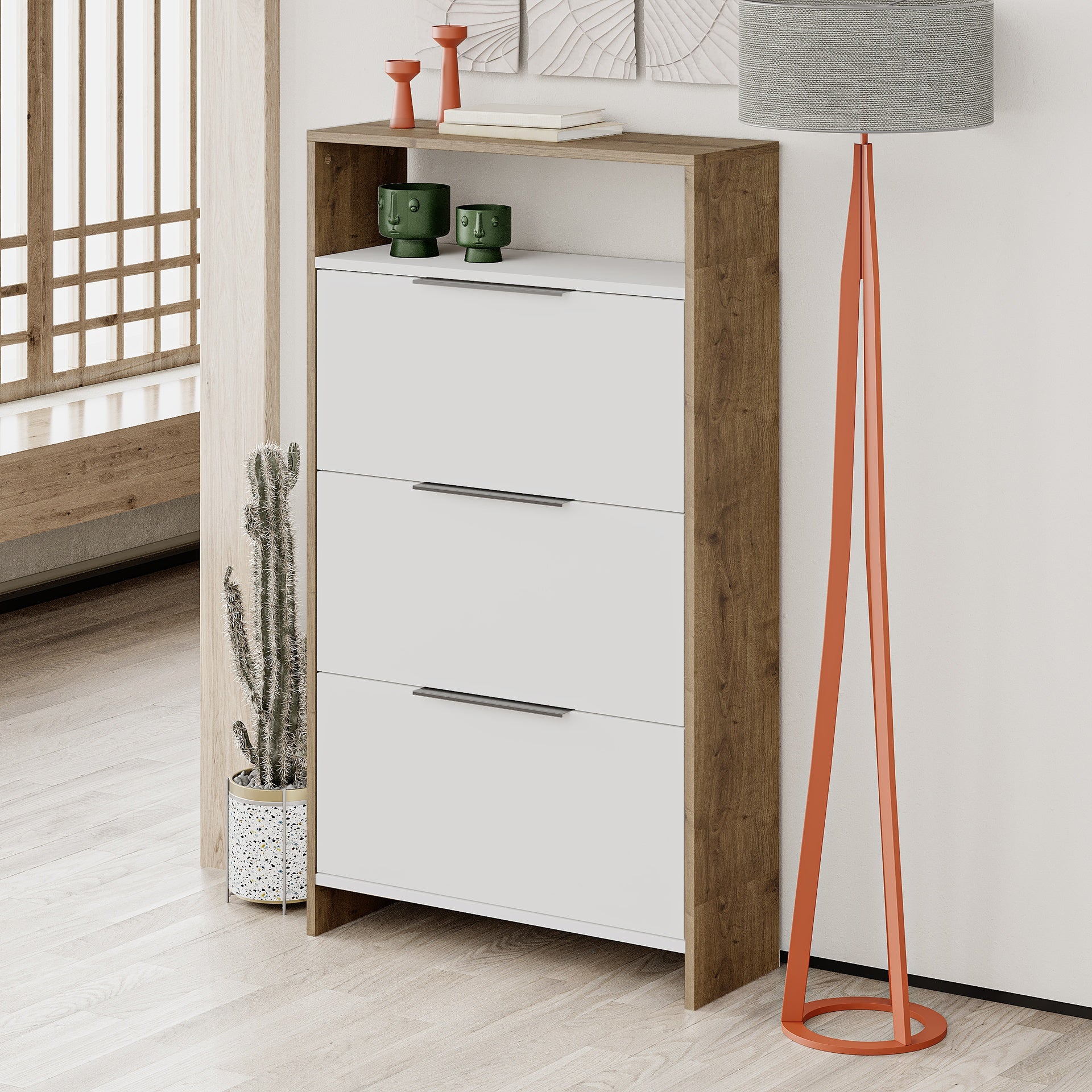 Scarpiera 78x139,2h cm con 3 ante a ribalta colore bianco e struttura colore noce - Kaju
