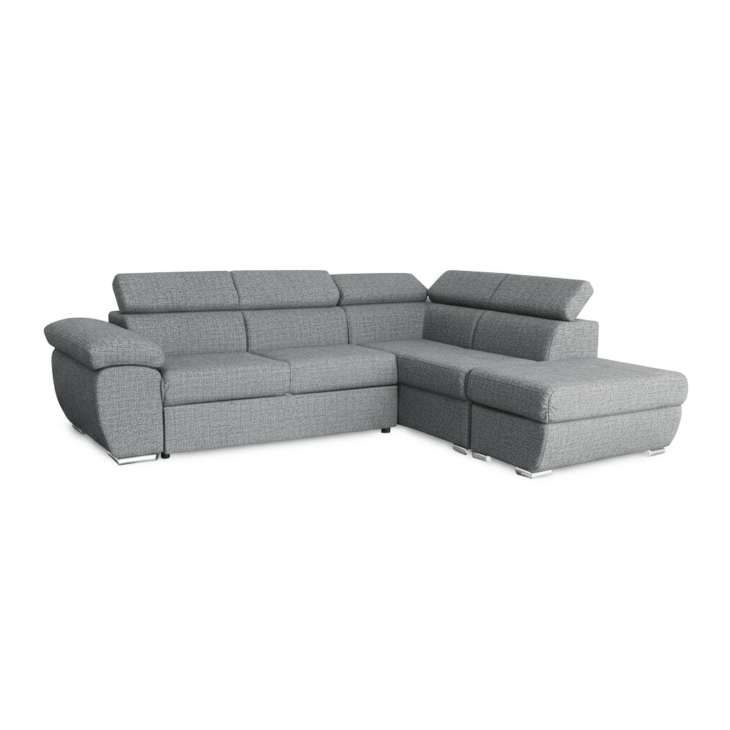 Divano letto angolare con penisola destra e pouf contenitore grigio Fiona