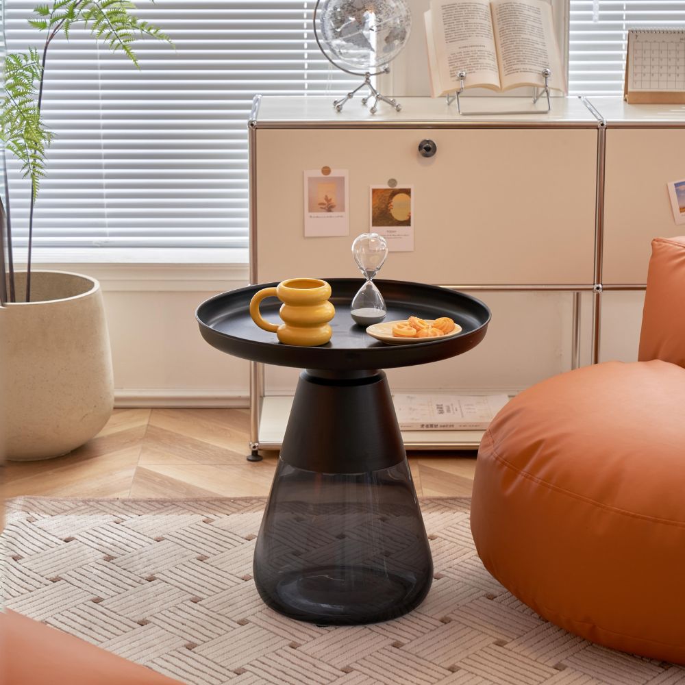 Runder Couchtisch mit rauchfarbenem Glasfuß und schwarz lackierter Platte 60x43H cm - Tiglio