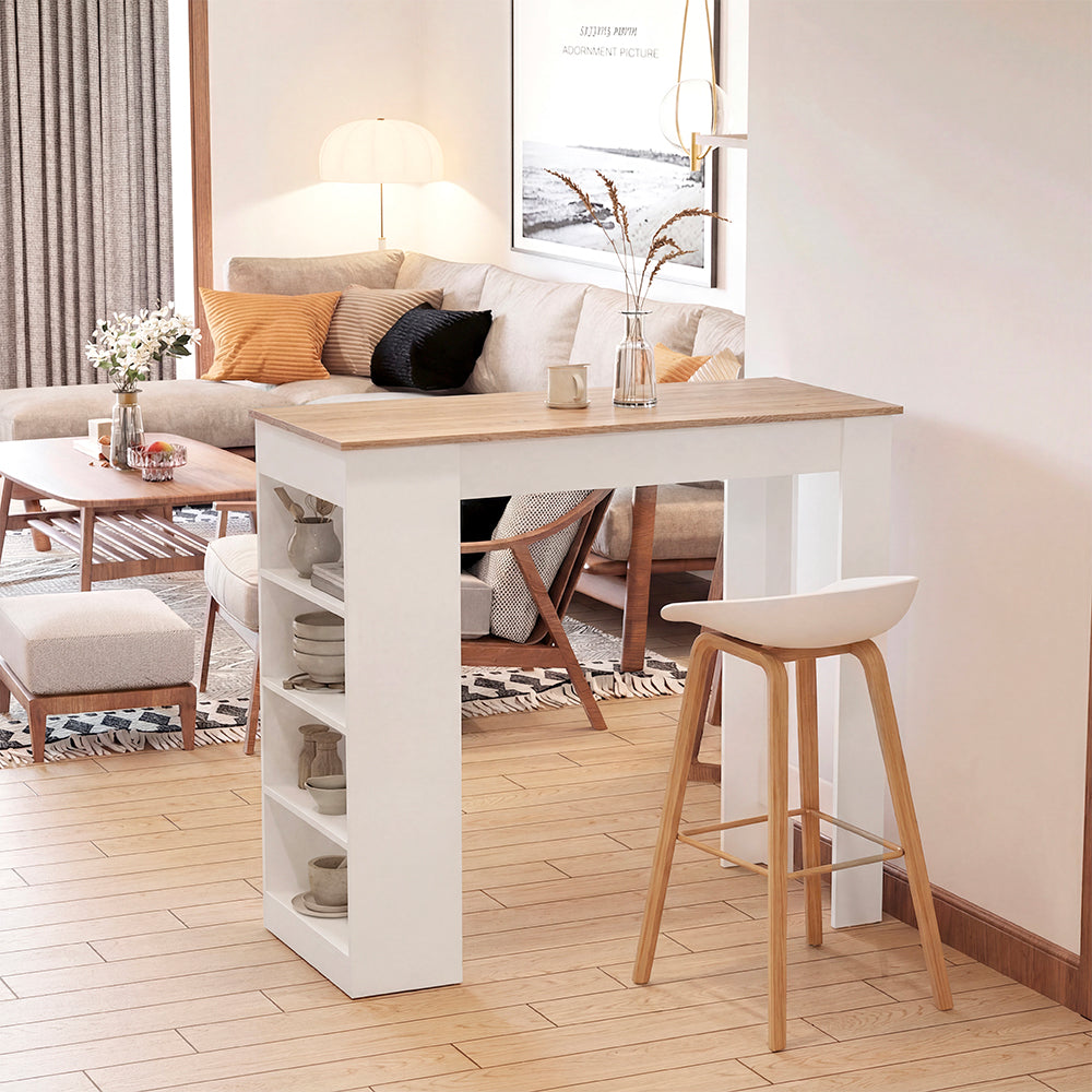 Tavolo snack alto bianco e rovere con 3 ripiani laterali 115x50x103H Kivo
