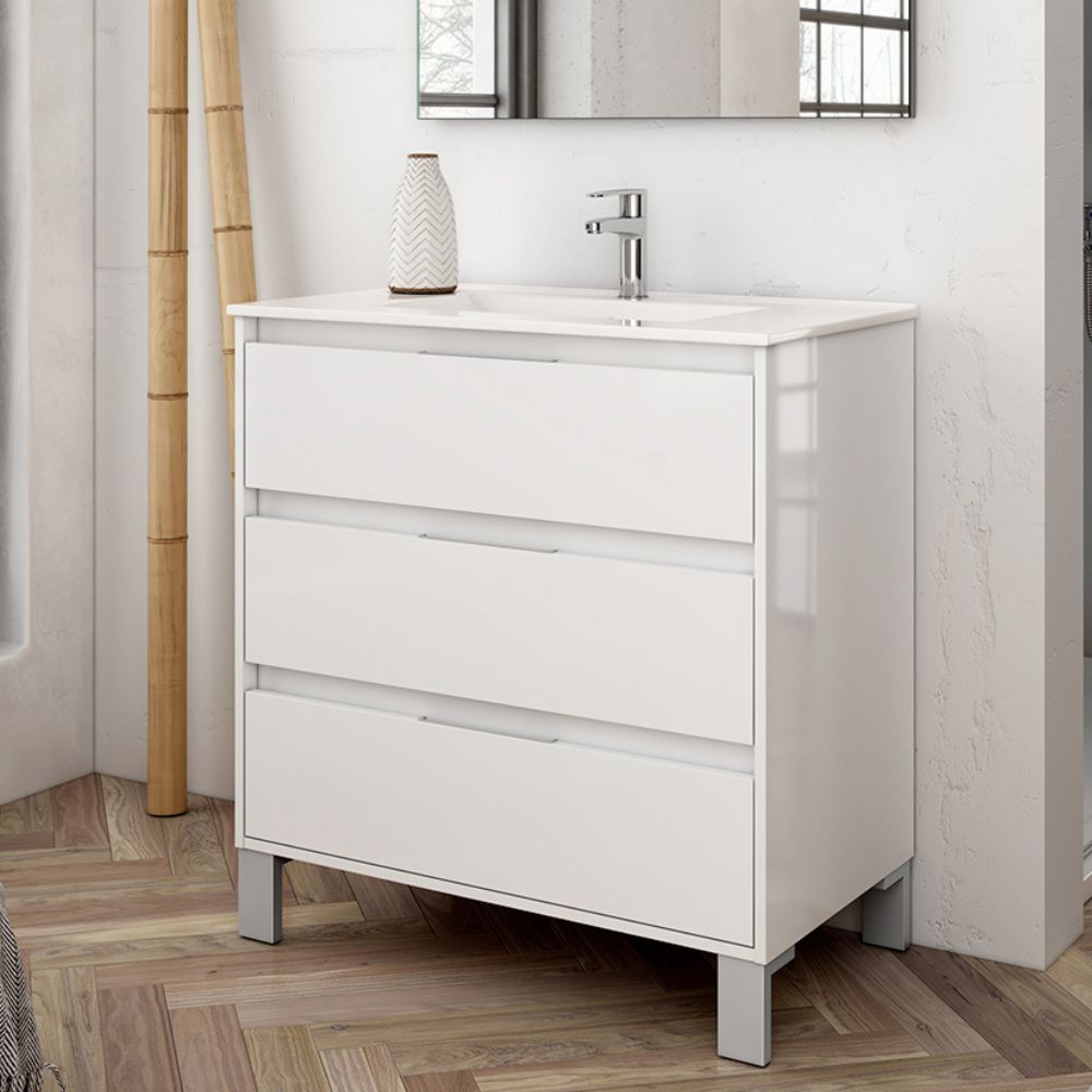 Mobile bagno con 3 cassetti colore bianco 80x45x84H cm - Konni