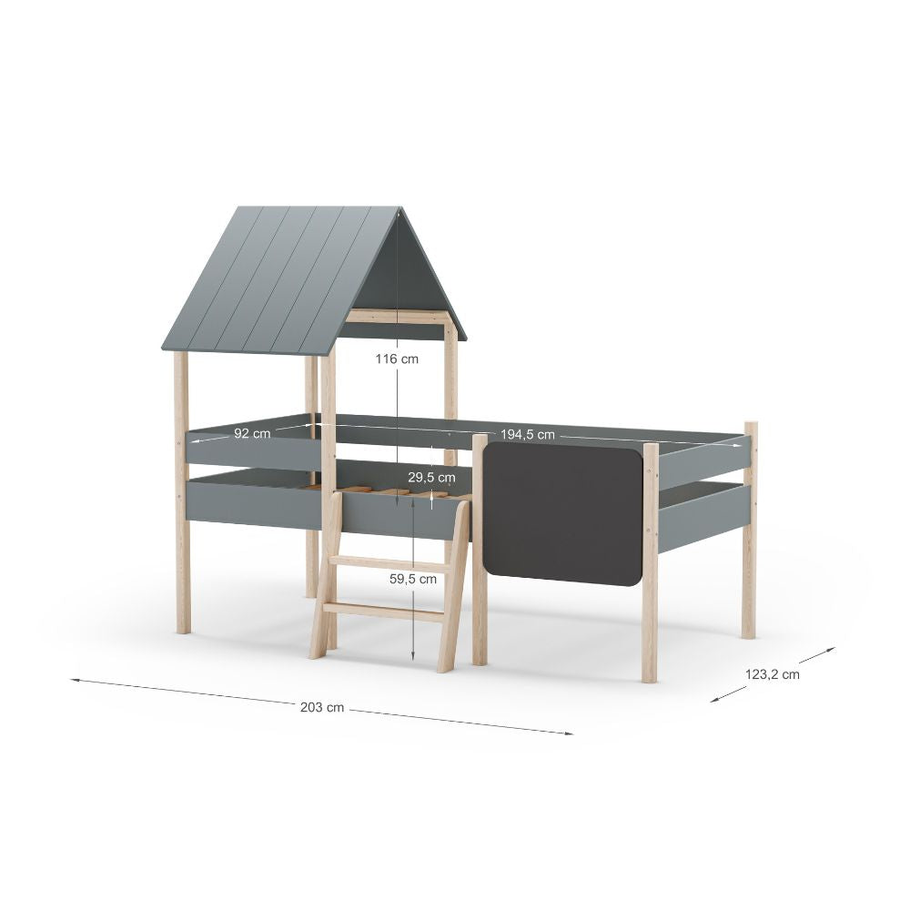 Letto singolo rialzato a forma di casetta in legno massiccio colore verde cachi e pino - Minty