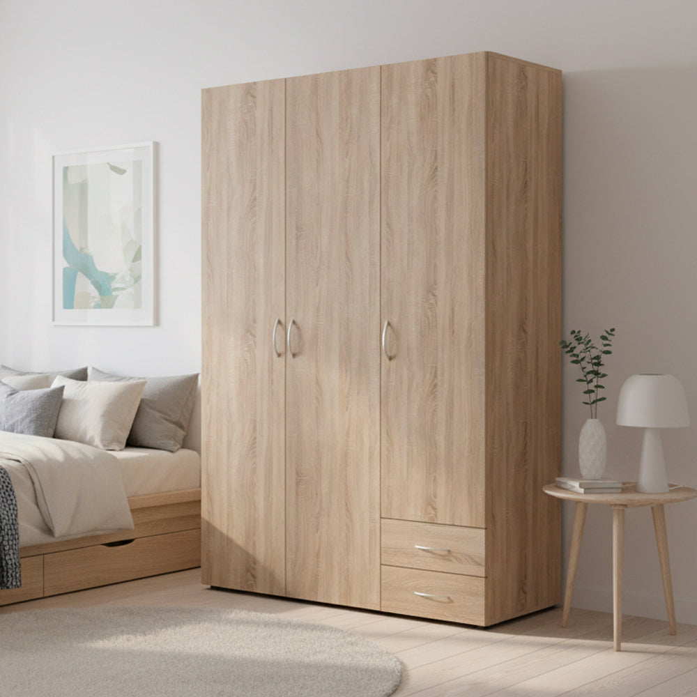 Kleiderschrank 120x177h cm aus Holz mit drei Türen und zwei Schubladen in Sonoma Eiche - Seba
