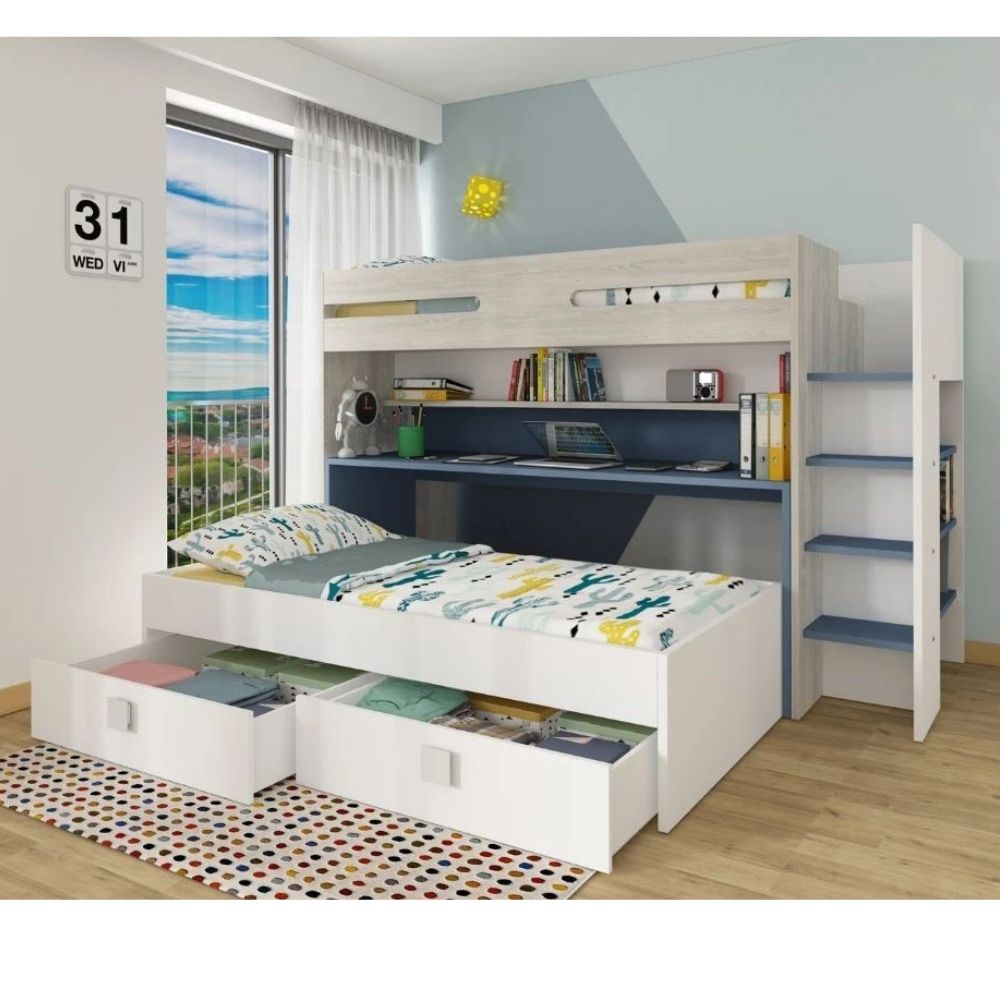 Letto a castello Formy per bambino con scrivania e letto estraibili colore bianco e celeste