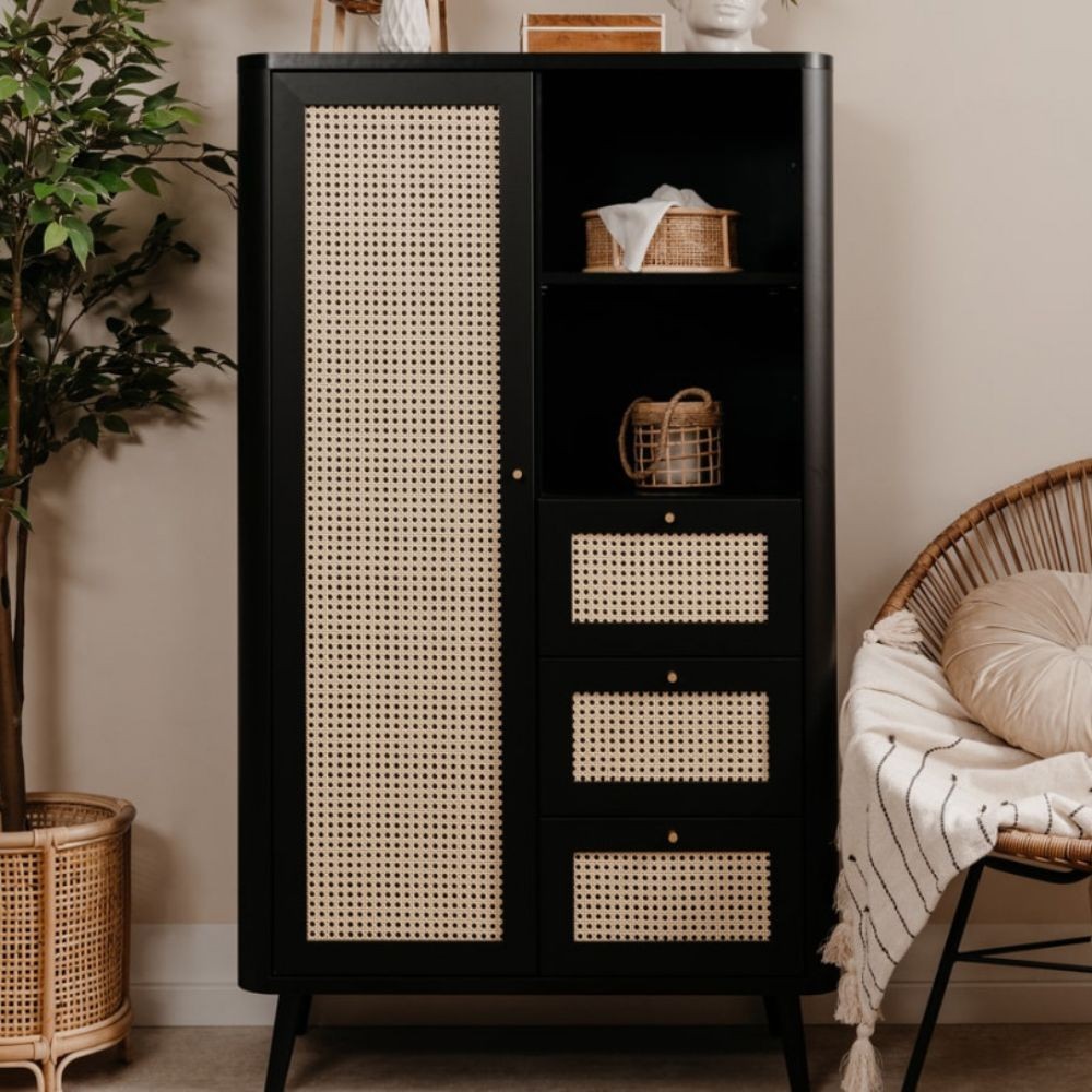 Credenza 180x141h cm con 3 cassetti e anta effetto rafia colore nera - KUTA53