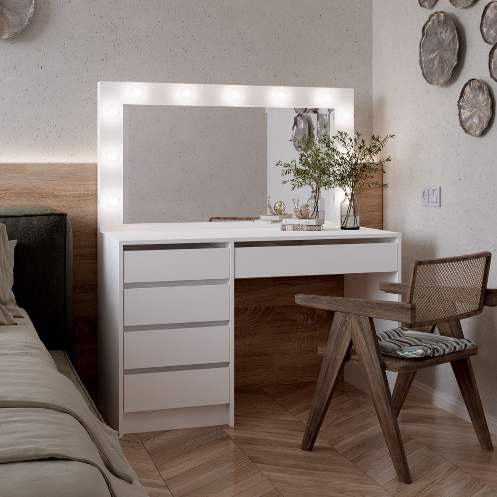 Toeletta trucco Elite bianca con specchio 5 cassetti e lampadine LED 120x55x142,6H