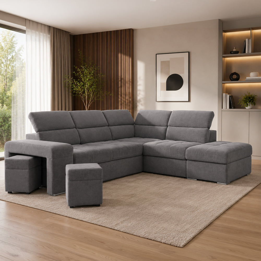 Divano angolare reversibile con poggiatesta regolabili, pouf e funzione letto grigio Positano