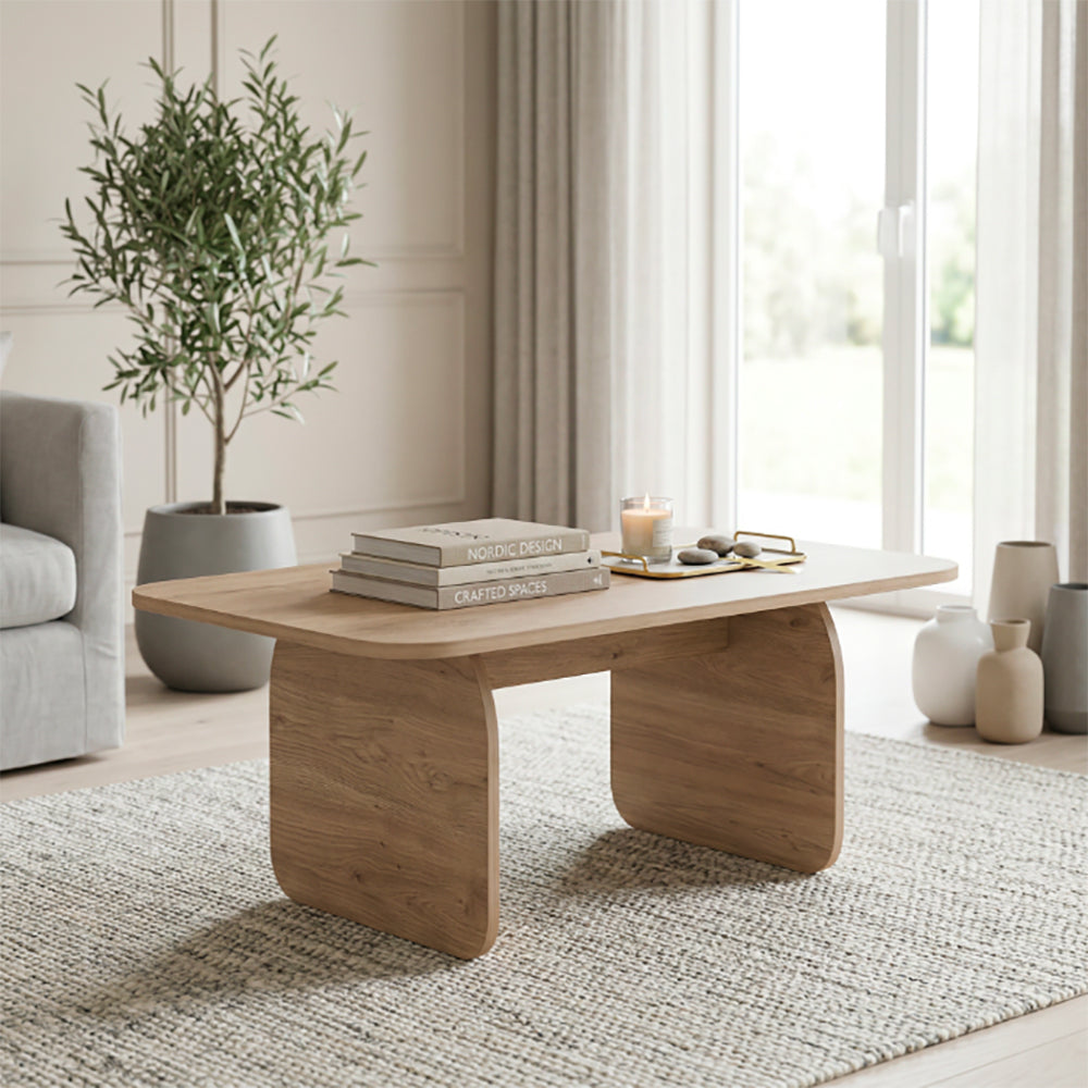 Tavolino da salotto 100x60 cm colore sepet con gambe a pannello e bordi arrotondati Pietra