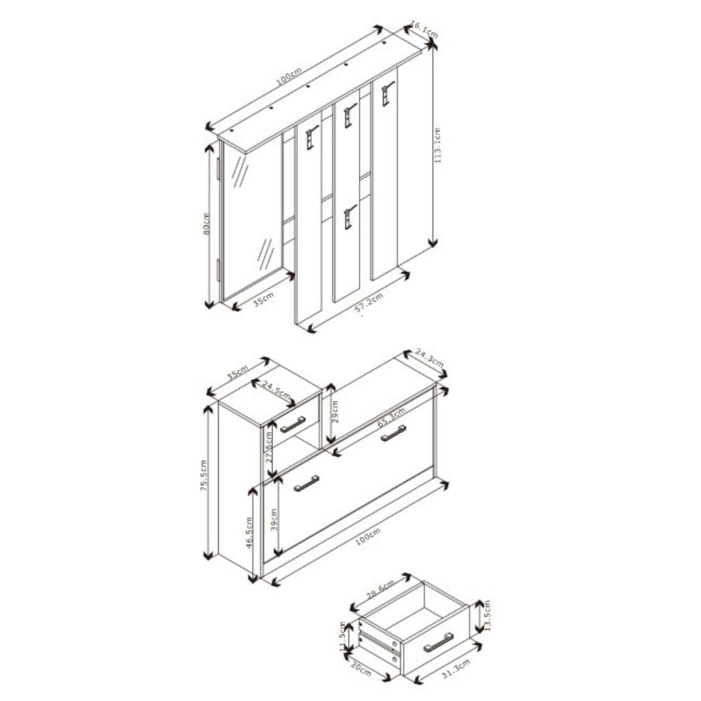 Mobile ingresso con specchio, appendiabiti, cassetto e scarpiera colore beige Rudolf