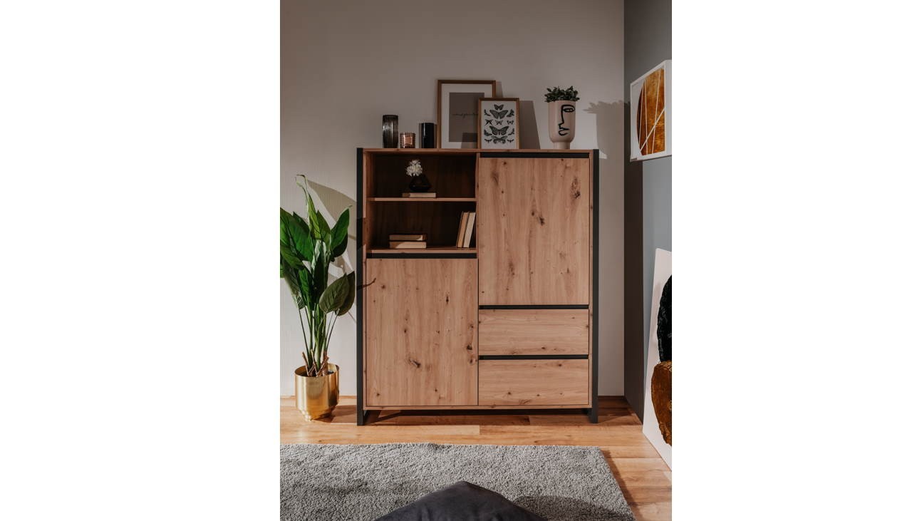Credenza 120x140h cm con ante e cassetti colore quercia e antracite - Denver 51