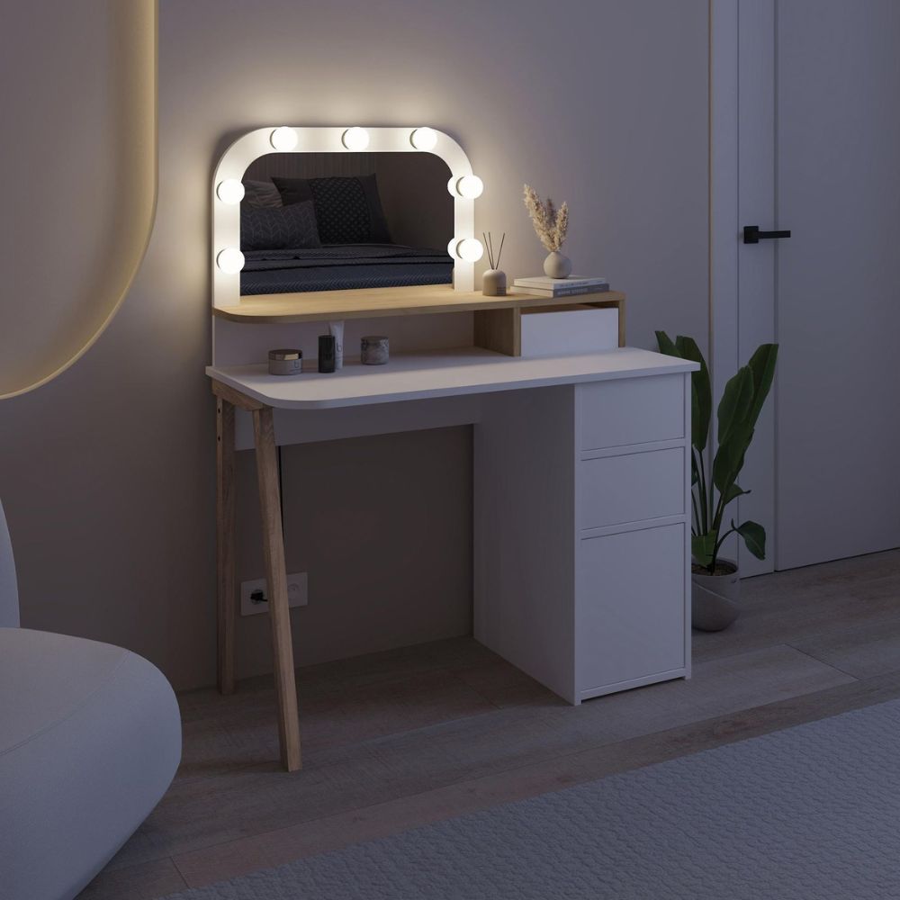 Toeletta da trucco bianco e rovere con specchio e luci LED 105x51.5x131H Avien