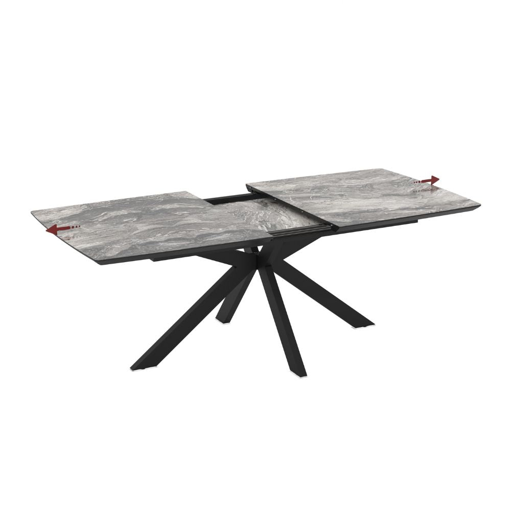 Ausziehbarer Tisch, Tischplatte mit schwarzer Arabesken-Marmoroptik und schwarzem Untergestell 180/240x100x76H Verano