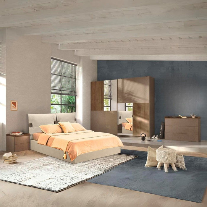 Camera da letto con letto contenitore colore bronzo e noce mercure Quinn