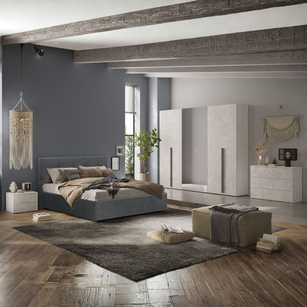 Camera da letto con armadio bianco spatolato neve e letto contenitore Ascoli grigio Aria