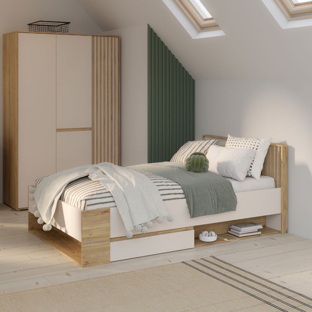 Letto una piazza e mezza 120x200 con cassetto e vani a giorno rovere e cashmere Neutra