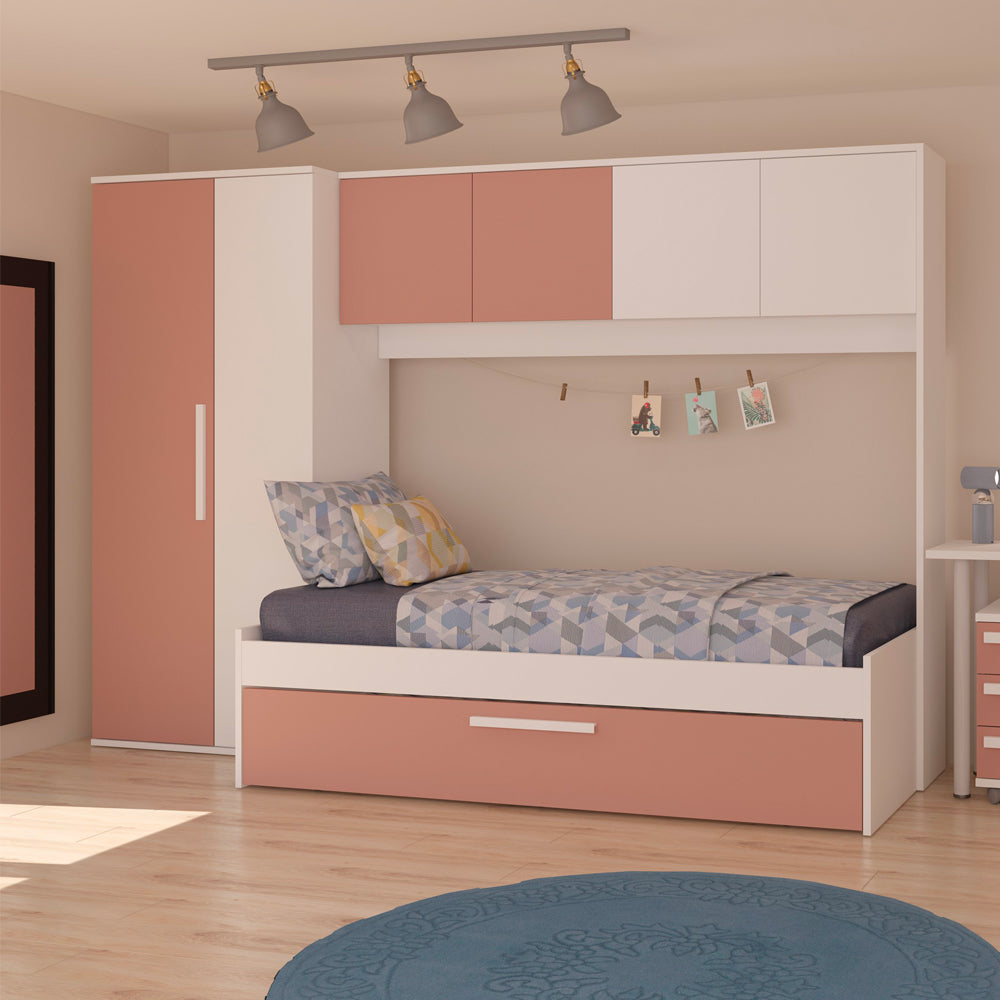 Brückenbett mit Ausziehbett in Weiß und Altrosa - Pinky