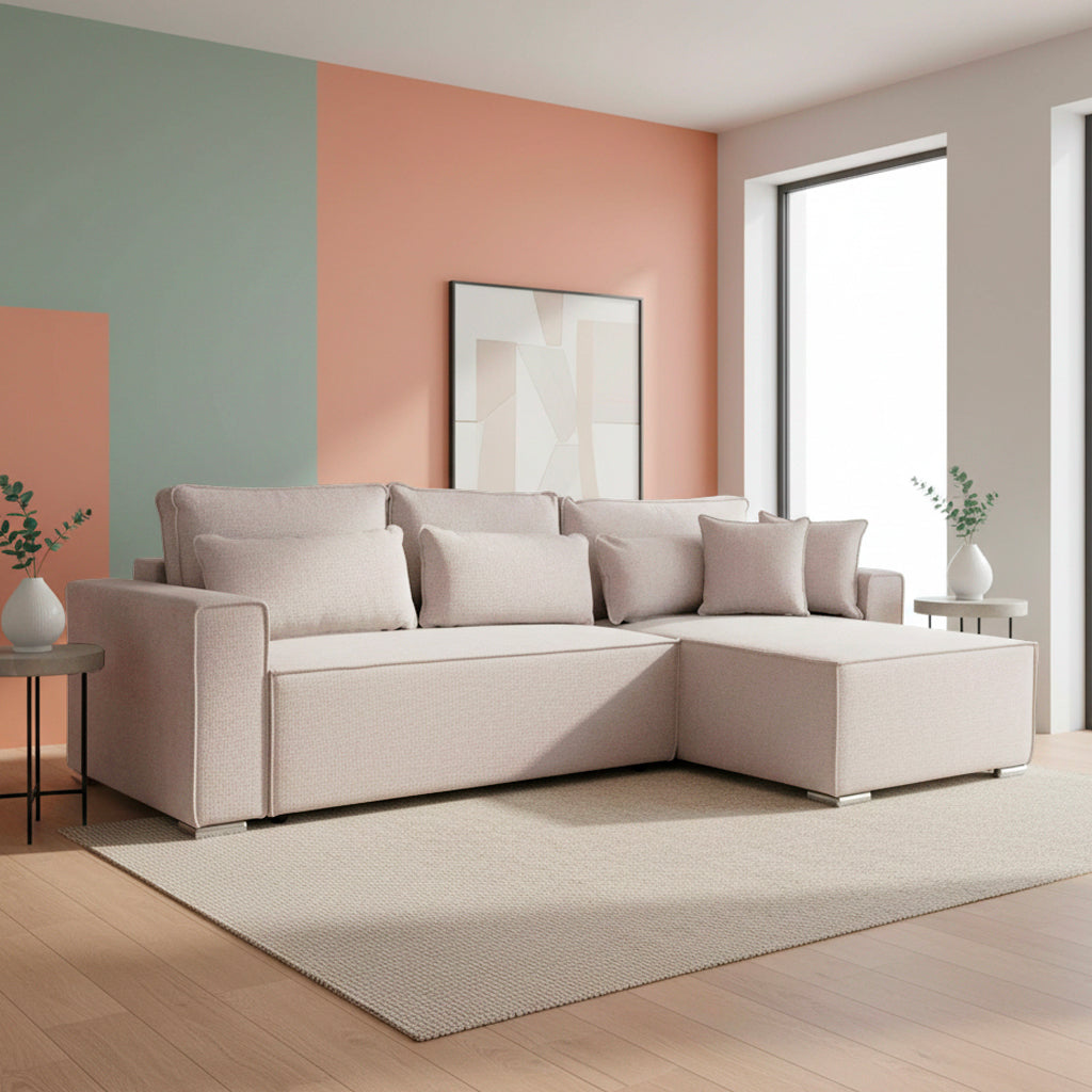 Divano angolare beige con letto Easy Open, contenitore e penisola reversibile Emily