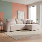 Divano angolare beige con letto Easy Open, contenitore e penisola reversibile Emily