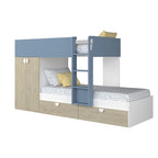 Letto a castello Gilbo per due bambini con armadio e cassetti colore rovere e azzurro