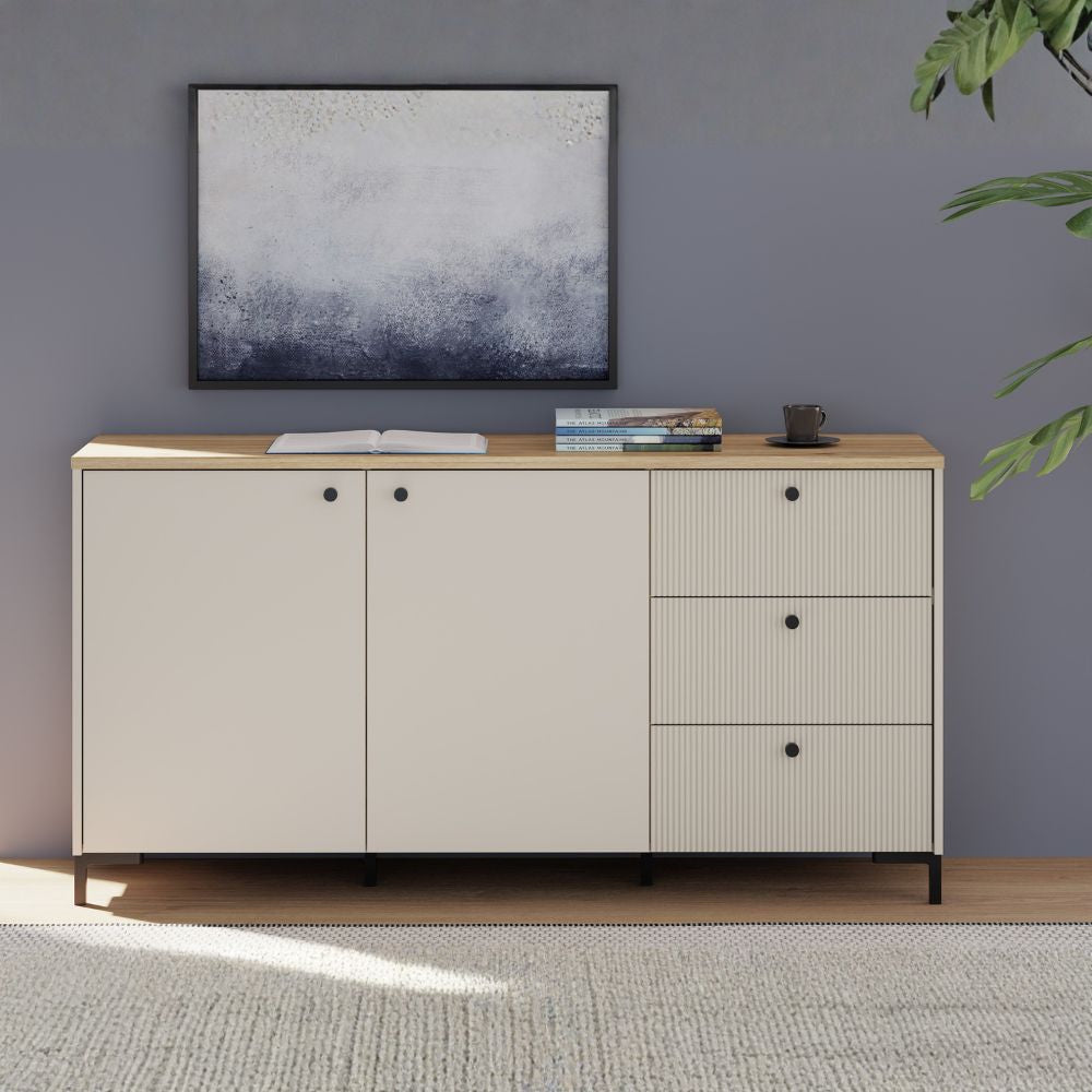 Madia 2 ante, 3 cassetti cannettati e top rovere Unit