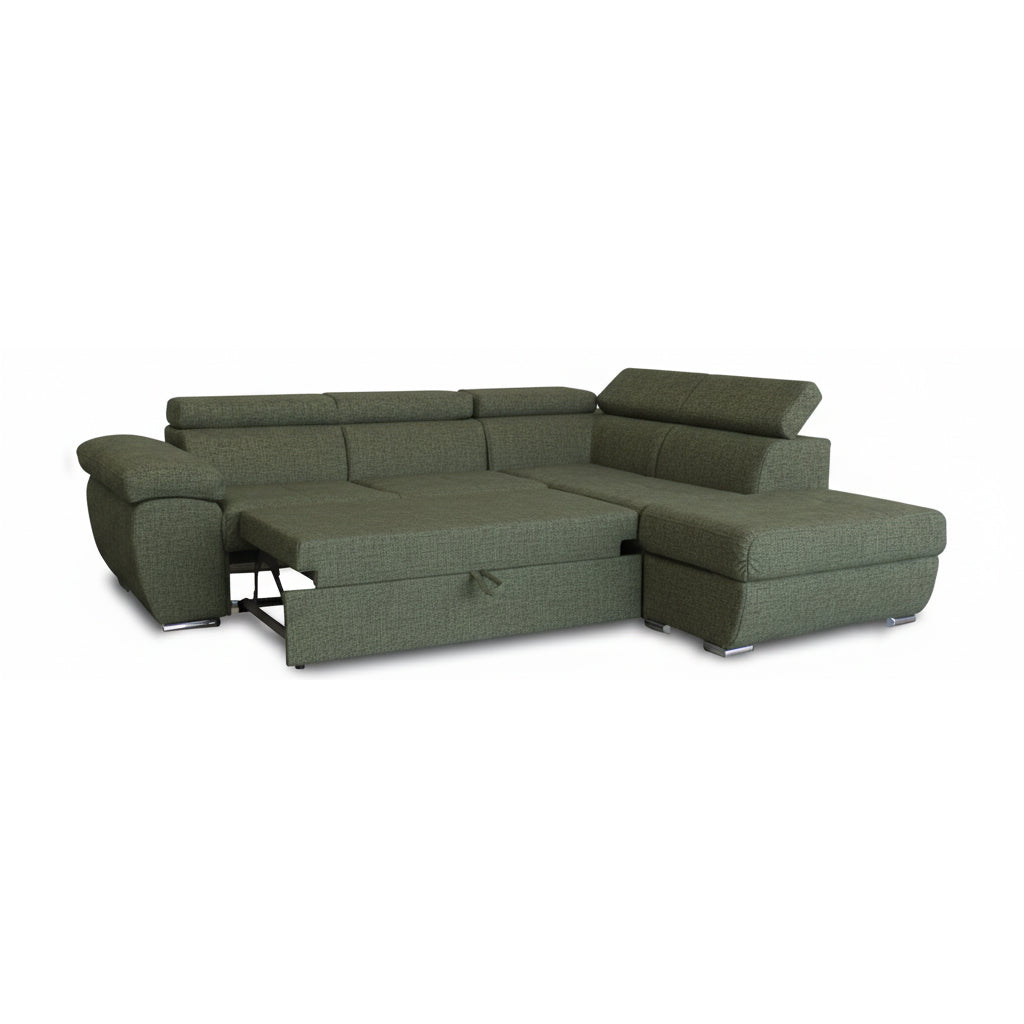 Divano letto angolare con penisola destra e pouf contenitore verde oliva Fiona