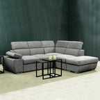 CANAPÉ D'ANGLE DROIT ARIZONA, 5 APPUIS-TÊTE + 1 ACC. RÉGLABLE, POUF COFFRE ET 2 COUSSINS. FONCT. DOLPHIN, COL. GIULIA 9713 GRIS