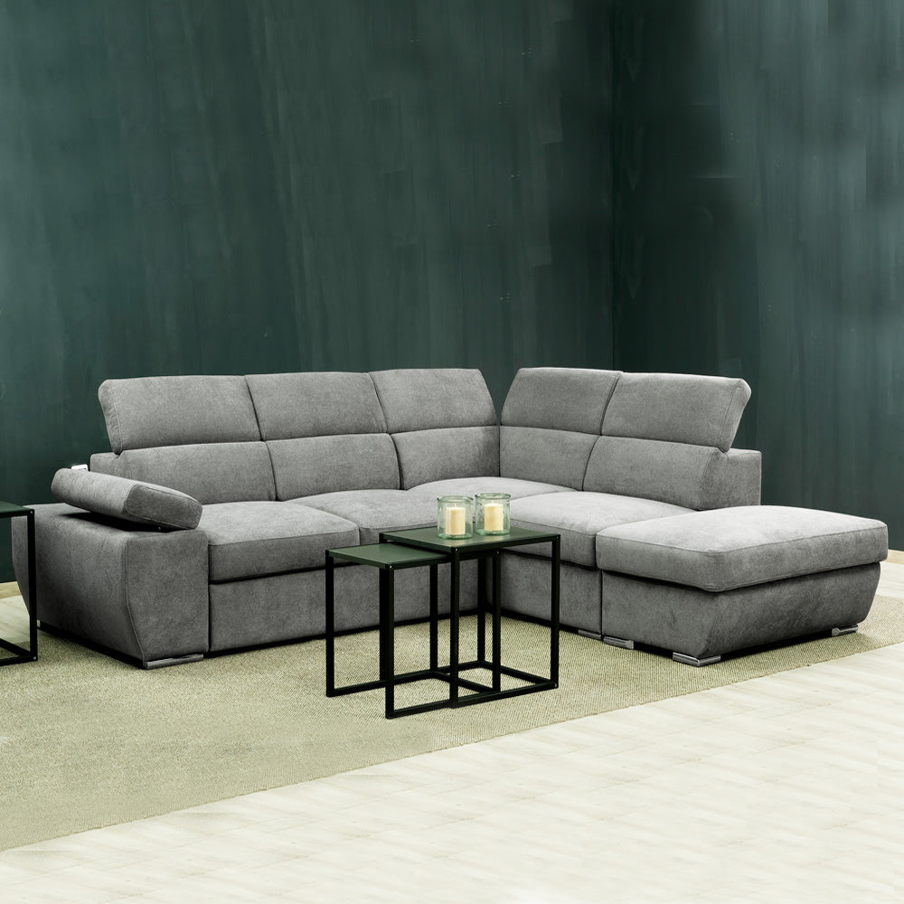 Divano letto angolare destro con pouf contenitore e poggiatesta regolabili colore grigio 264x224x78H Arizona
