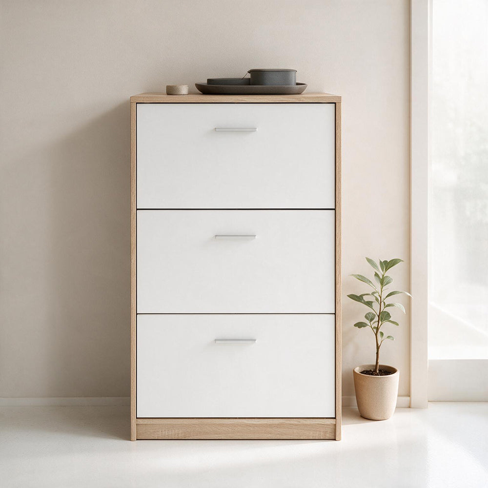 Schuhschrank 3 Klapptüren weiß und Korpus Eiche 69,5x120H cm - Nepo