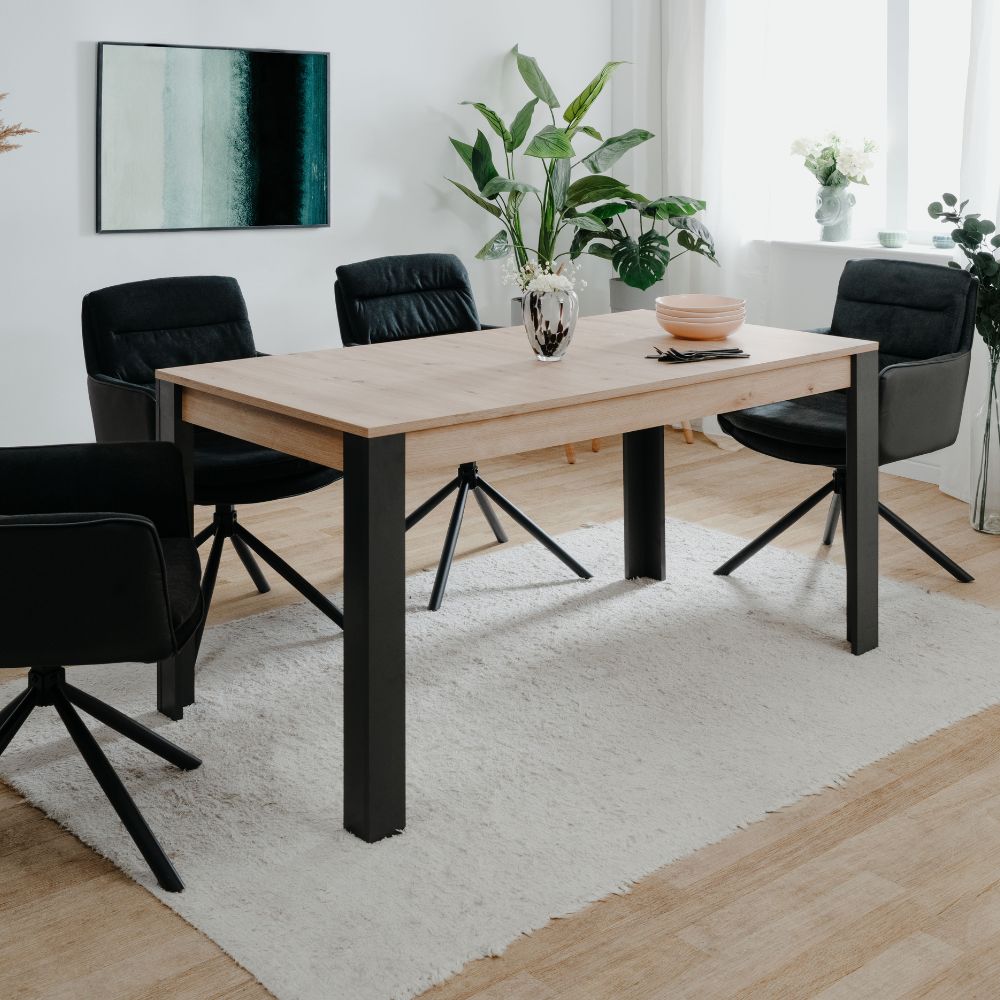 Ausziehbarer Tisch Tolosa80B Eichenplatte und schwarze Beine - 150x80x75H