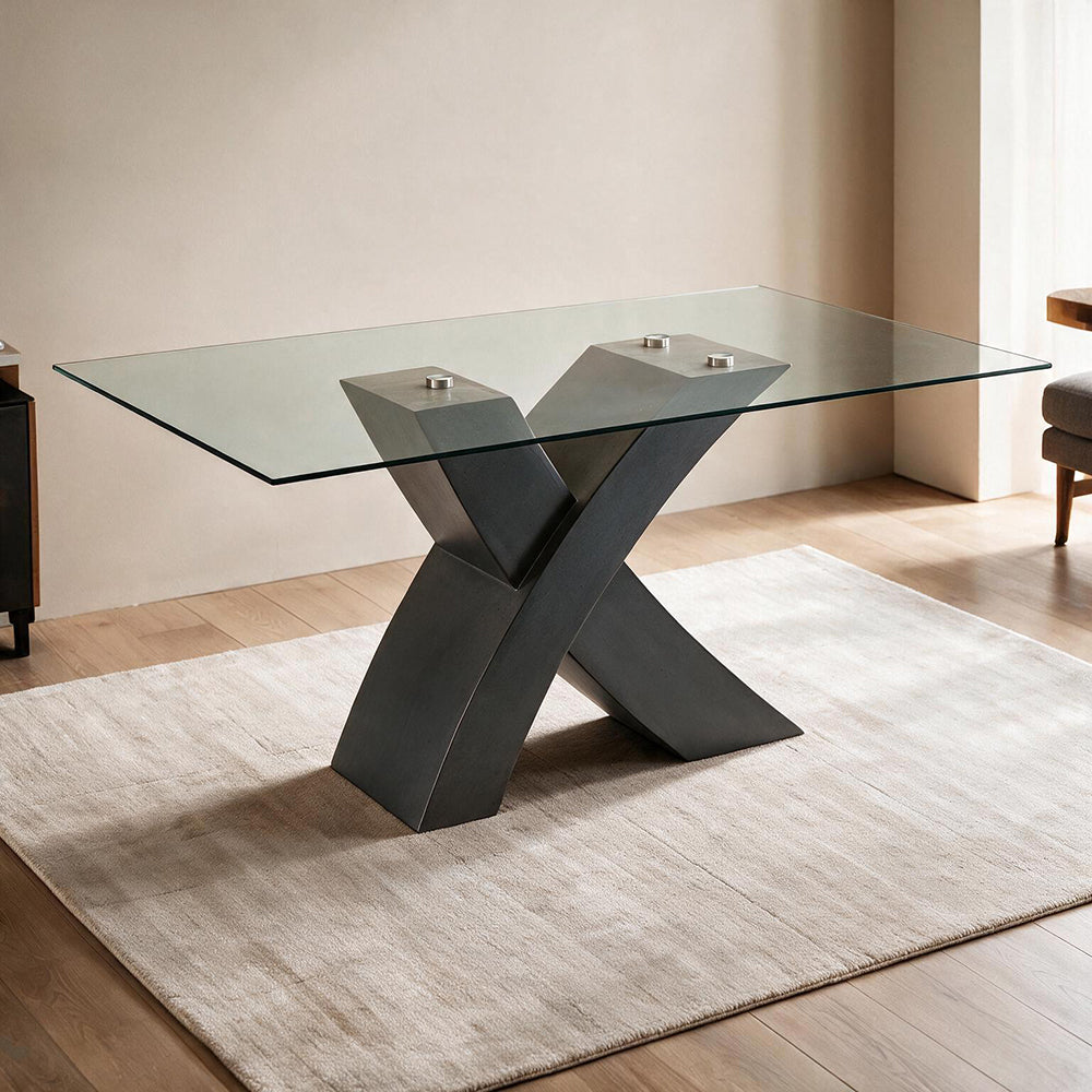 Tavolo fisso con piano in vetro e gambe incrociate effetto legno nero 150x90x76H Duncan