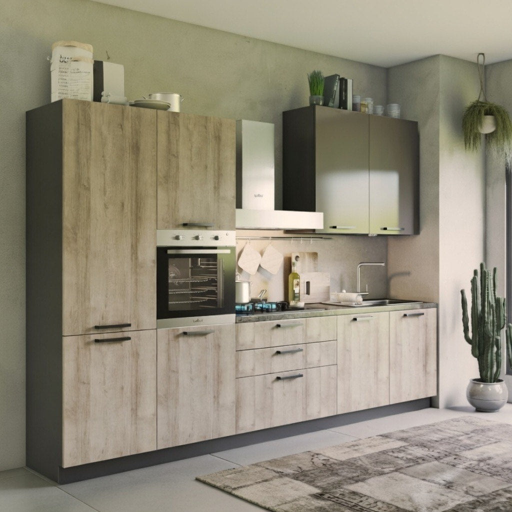 Komplettküche 330 cm links in Eiche Rustikal und Tortora Hochglanz – Durazzo Glam