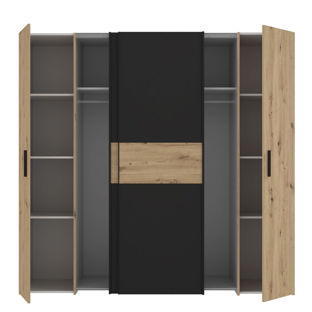Armadio 4 ante rovere e nero con ante scorrevoli e battenti 200x61x190H Teodoro