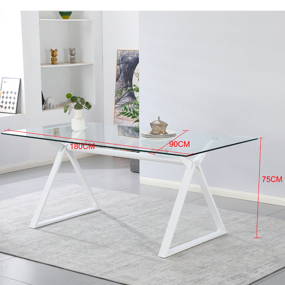Tavolo da pranzo 180×90 cm in vetro temperato con gambe a cavalletto bianche Skylar
