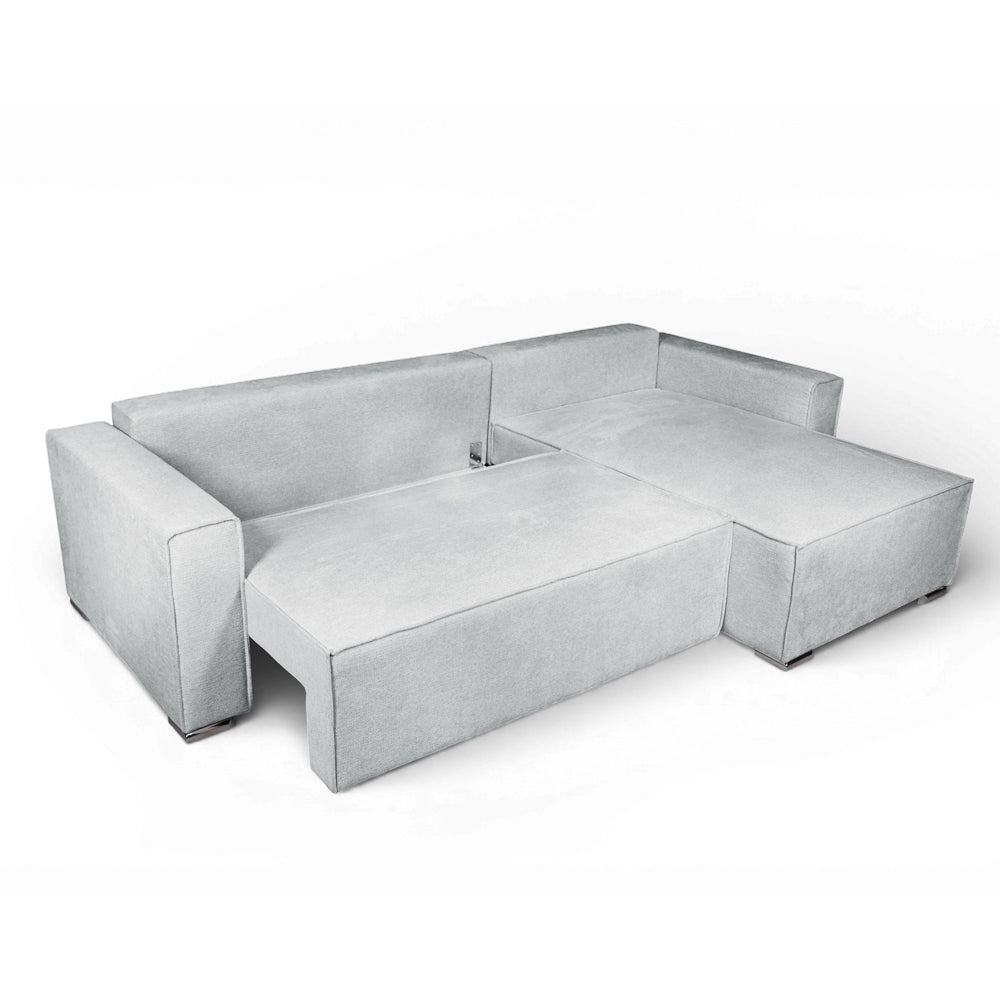 Divano angolare grigio scuro con letto Easy Open, contenitore e penisola reversibile Emily