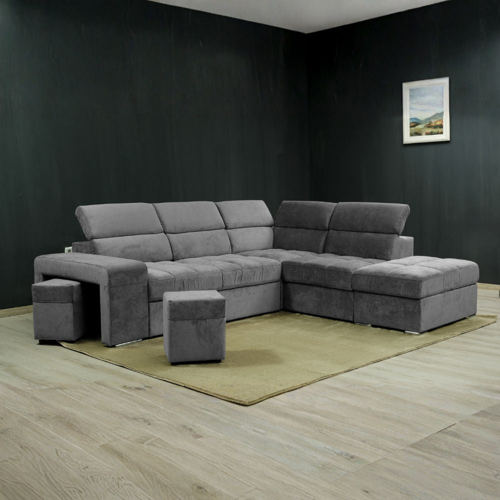 Divano angolare reversibile con poggiatesta regolabili, pouf e funzione letto grigio Positano