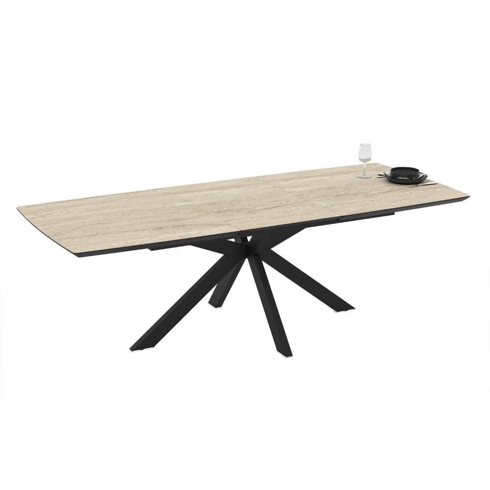 Ausziehbarer Tisch mit Tischplatte in Travertin-Marmoroptik Beige und schwarzem Gestell 180/240x100x76H Verano