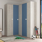Armadio angolare 5 ante con ripiani e appendiabiti 233 cm colore bianco consumato e celeste
