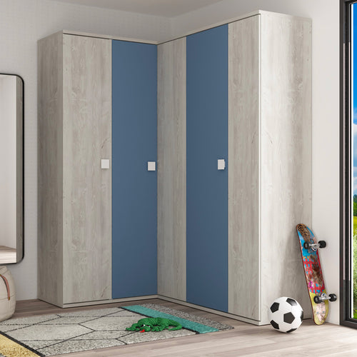 Armadio angolare 5 ante con ripiani e appendiabiti 233 cm colore bianco consumato e celeste