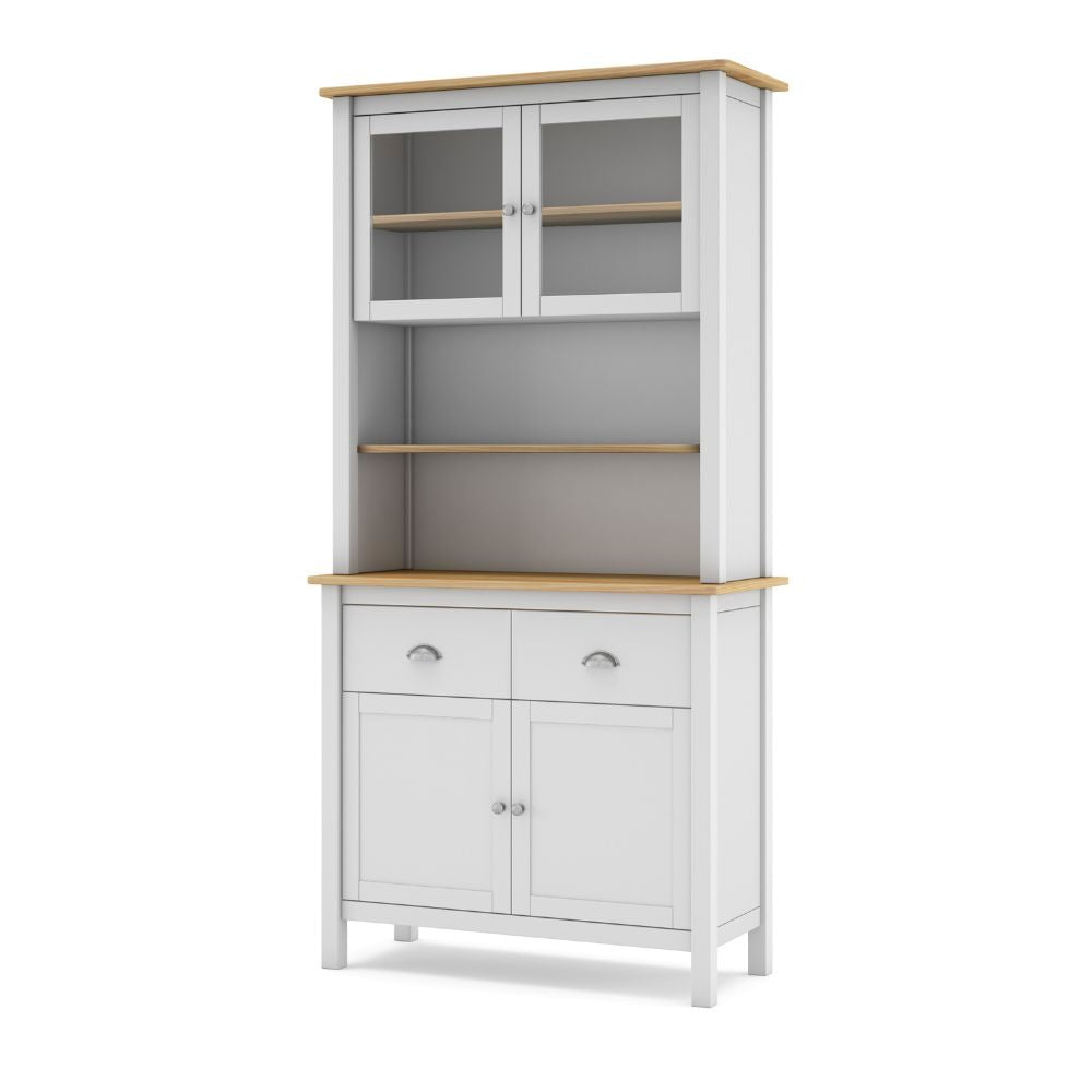 Buffet en bois massif avec vitrine, portes et tiroirs couleur blanc et chêne 90x40x180H cm - Herti