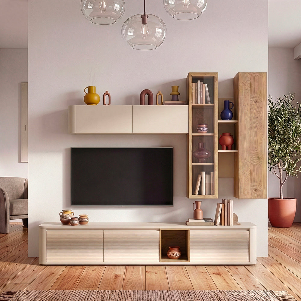 Parete attrezzata con porta Tv e pensili rovere e cashmere Core