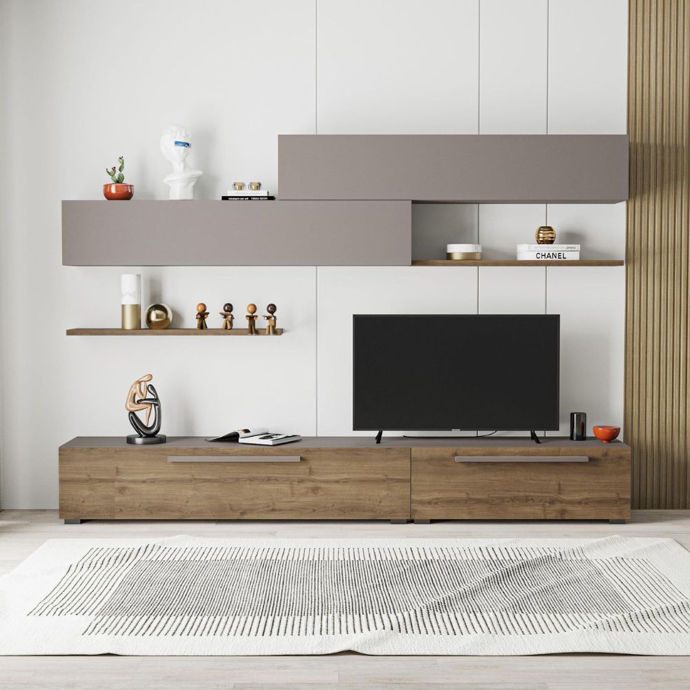 TV-Wohnwand mit Türen und Regalen in Hitit und Light Mocha 260 cm - Mokat