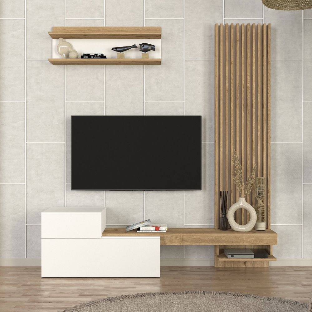 MUR ÉQUIPÉ DUMONT COULEUR BLANC ET CHÊNE AVEC 2 PORTES ABATTANTES ET ÉTAGÈRE