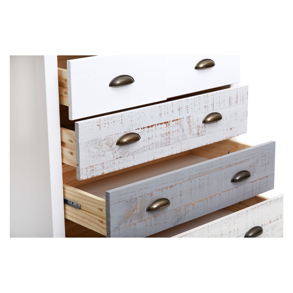 Comò in legno massiccio con 5 cassetti colore bianco grigio e crema 79x40x80H cm - Romantica